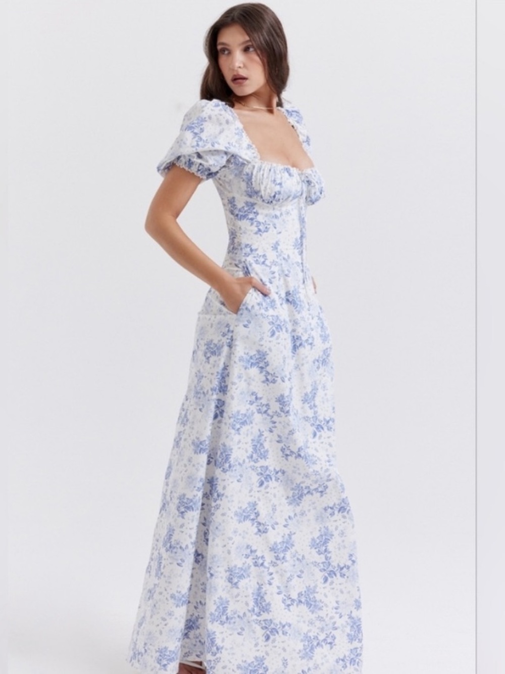 House of CB White and Blue Floral Puff-Sleeve Maxi Dress